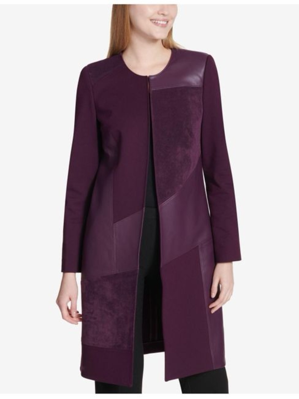 Calvin Klein Women's Long Patchwork Mixed Media Coat Jacket Plum Sz 14